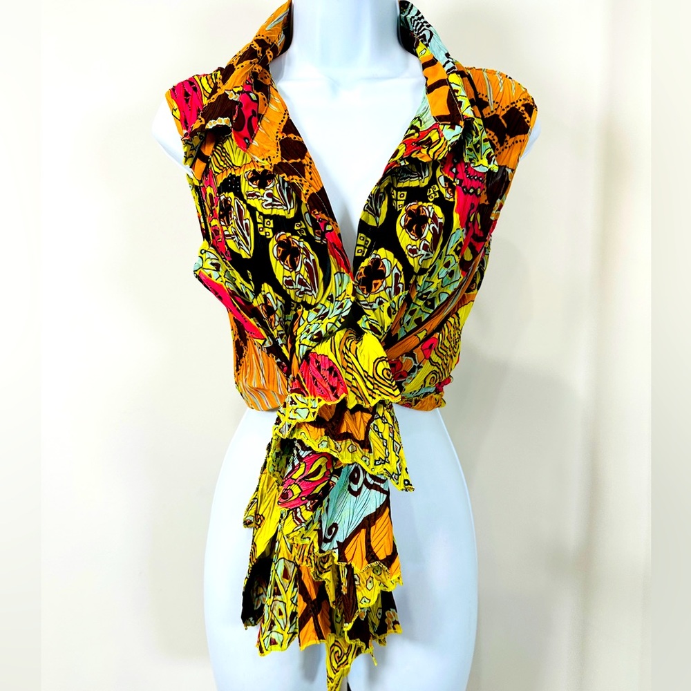 Sleeveless Multicolor Print Abstract Print Crinkle Pleated Button Down Top Sz XL